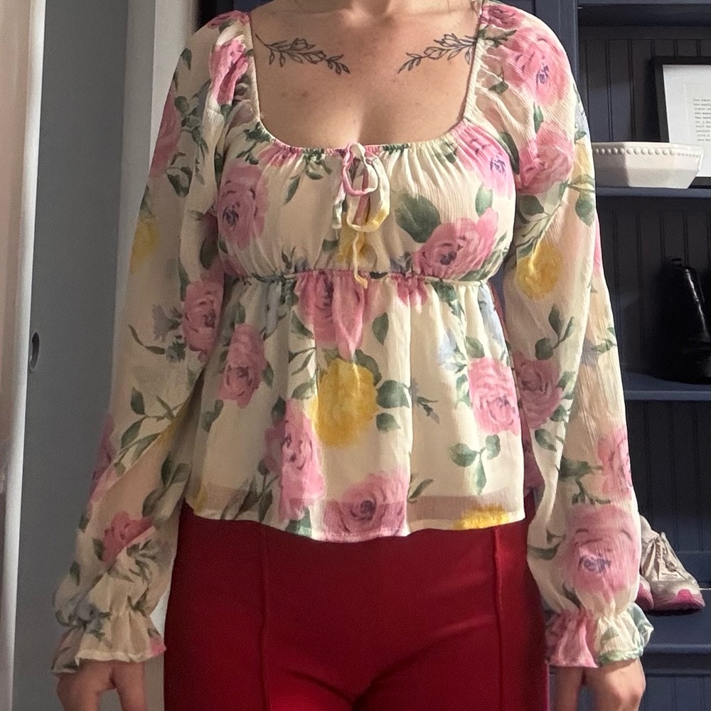Forever 21 Floral Blouse with Pink and Yellow Roses